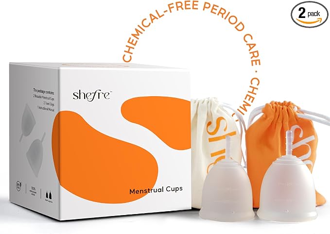 shefre Reusable Menstrual Cup Kit, Small & Large Sizes, 2 Count | Medical Grade Silicone, 12-Hour Leak-Proof, 100% BPA-Free, Beginner-Friendly Starter Kit