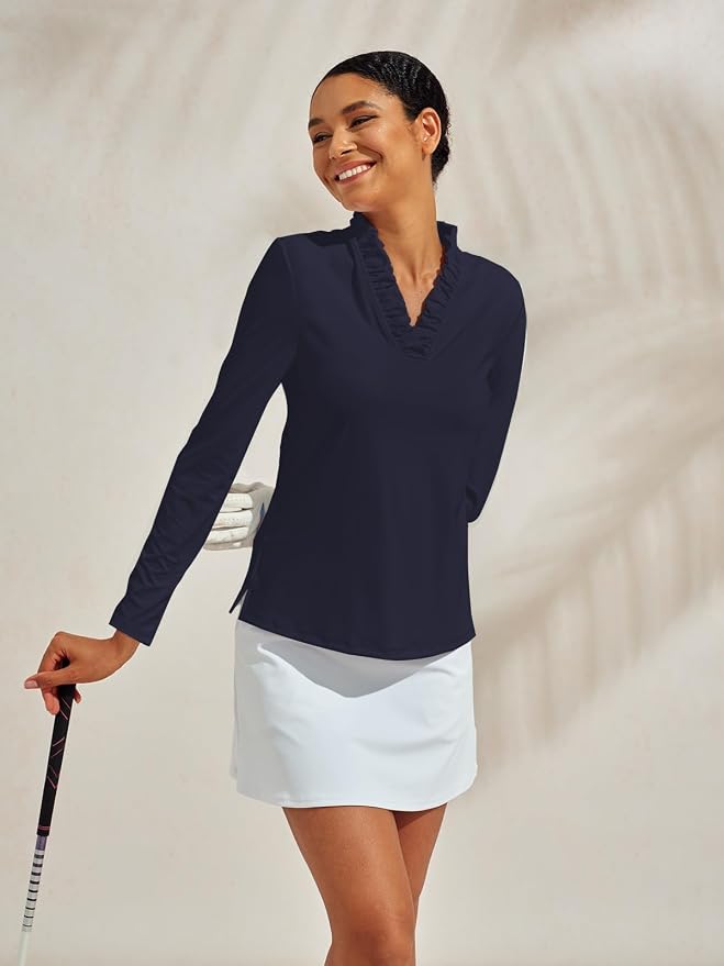 ACEGOLFS Womens Golf Polo Shirts Casual Ruffle V Neck Long Sleeve Tops for Women UPF 50+ Rash Guard Ladies Pullover Shirt