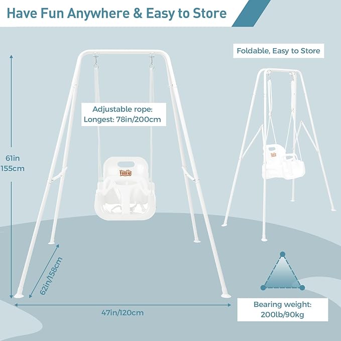 FUNLIO Toddler Swing with Foldable Metal Stand for Toddlers Aged 1~10 Years, 3-in-1 Baby Swing Set with 4 Sandbags for Backyard/Indoor/Outdoor Play, Easy to Assemble & Store, White