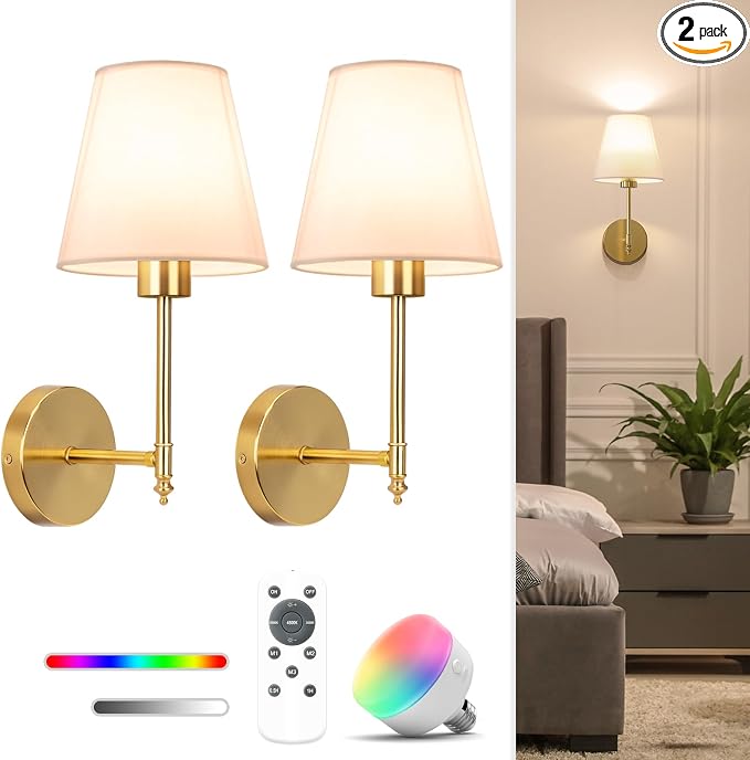 14.5 inch Battery Operated Wall Sconce Set of 2,Gold Rechargeable Wall Lights with 10400mAh Dimmable Detachable Bulbs and Remote,9 Colors Wireless Sconces for Bedroom Living Room Hallway Decor