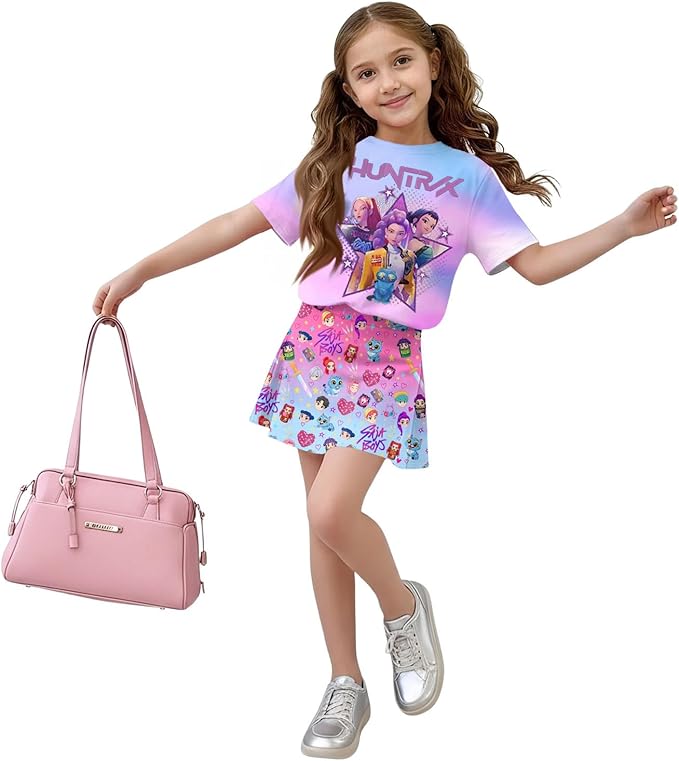 HTHLVMD K Pop Short Sleeve T-Shirt and Skirts Outfits Set for Girls Hunters Rumi Mira Zoey Graphic Tees De-Mon Costume