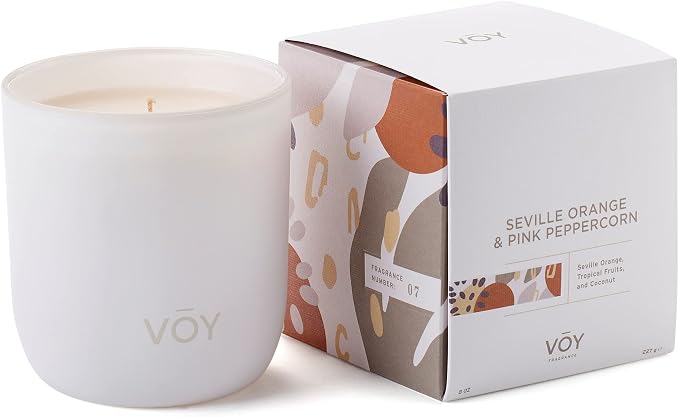 VOY Scented Candle, Tropical Bright Seville Orange & Pink Peppercorn, 55 Hour Burn Time, Blended Soy Candle, High-Fragrance Load, 8 oz Jar Candle, Aromatherapy Candle with Sustainable Gift Packaging