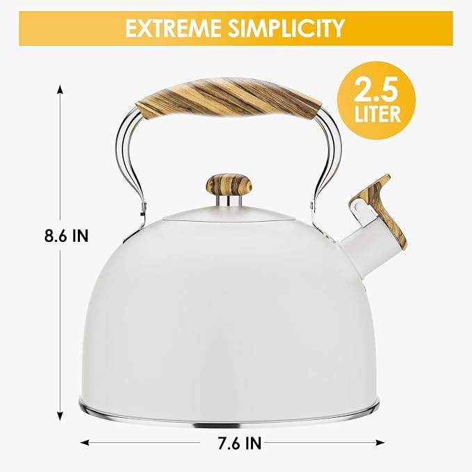 2.6 Quart Tea Kettle Stovetop Whistling for Stove Top, Cream | Food Grade Stainless Steel Tea Kettles with Cool Wood Pattern Handle, Induction Compatible