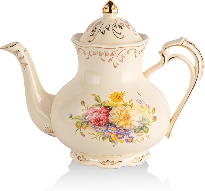 YOLIFE Flowering Shrubs Teapot, 35 OZ /4 Cup Vintage Ivory Porcelain Tea Pot with Infuser for Loose Leaf Tea, Floral Teapot with Gold Trim