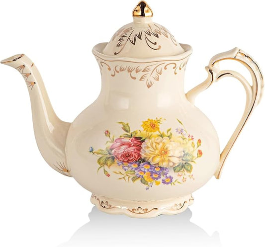 YOLIFE Flowering Shrubs Teapot, 35 OZ /4 Cup Vintage Ivory Porcelain Tea Pot with Infuser for Loose Leaf Tea, Floral Teapot with Gold Trim