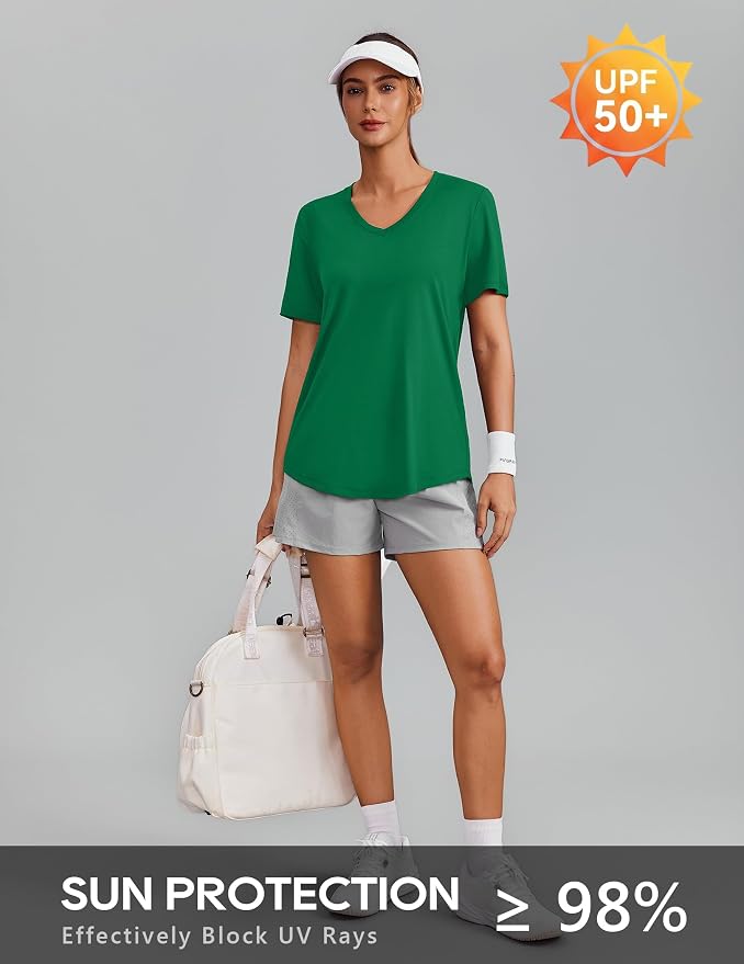 PINSPARK Soft Workout Tops for Women Short Sleeve V Neck Moisture Wicking UPF 50+ Sun Protection Quick Dry Gym Shirts