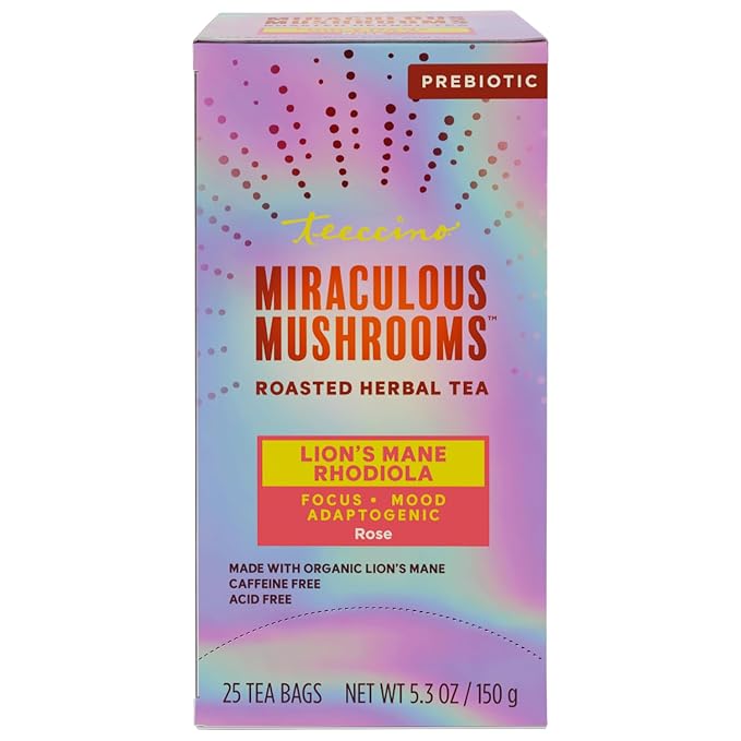 Teeccino Lion’s Mane Rhodiola Rose Mushroom Adaptogen Herbal Tea - Caffeine-Free, 3x More Herbs than Regular Tea Bags, Lightly Sweet from Dates & Figs, Prebiotic - 25 Tea Bags