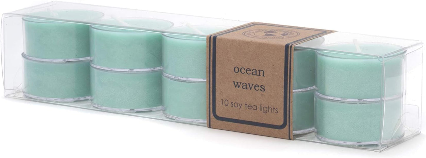 Eco Candle Co. Ocean Waves Tea Light Candles, 10-Pack, 9 Hr Burn Time | Scents of Marine Air, Citrus, & Musk - Recyclable Plastic Cups, No Lead, Hand Poured, Midwest Grown Soybeans, .6 oz. Each
