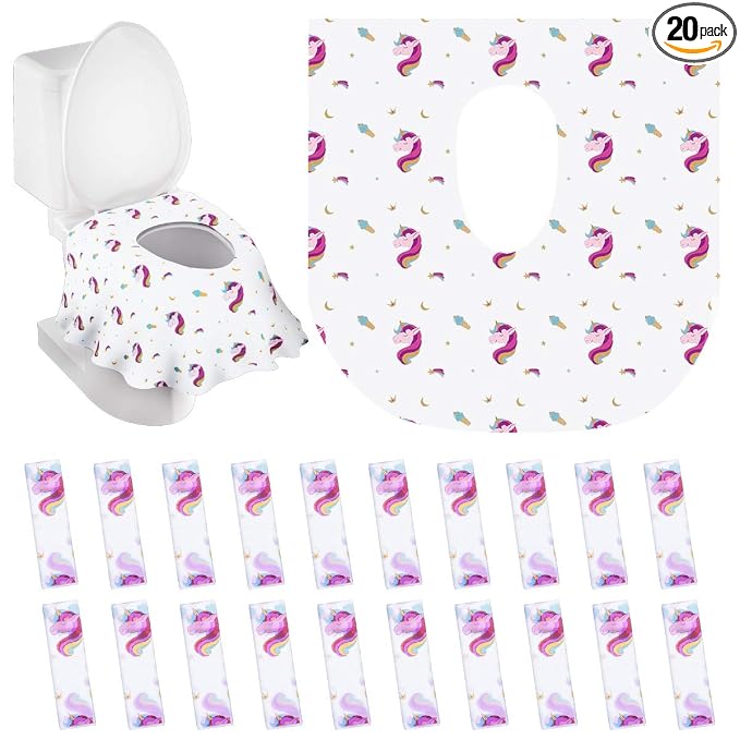 PaperKiddo 20 Pack Disposable Toilet Seat Covers Unicorn Design Waterproof Potty Training Seat Cover Set Extra Large Perfect for Kids and Adults Individually Wrapped for Travel and Home