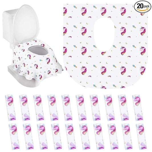 PaperKiddo 20 Pack Disposable Toilet Seat Covers Unicorn Design Waterproof Potty Training Seat Cover Set Extra Large Perfect for Kids and Adults Individually Wrapped for Travel and Home
