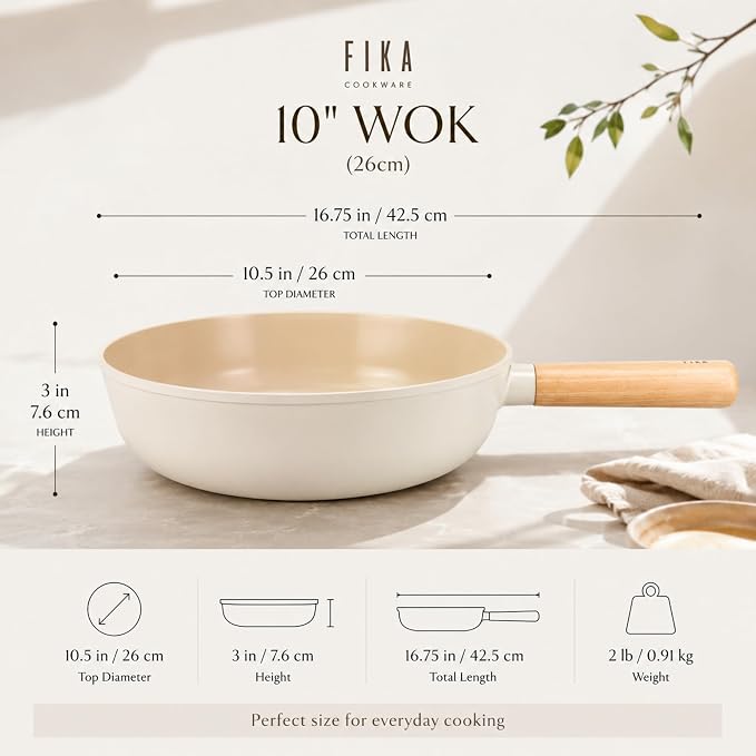 FIKA 10-Inch Nonstick Ceramic Coated Flat Bottom Wok Pan with Natural Wooden Handle, Induction Compatible, Deep Stir Fry Cooking Pan, Made in Korea (26cm)
