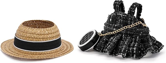 Doll Clothes for 17cm Dolls, Premium Handmade with Luxury Chic Style Set 3 Piece Set Including a Clothes, Black Bag and Straw Hat, High-End Dolls Accessories for Play & Display for Play & Display