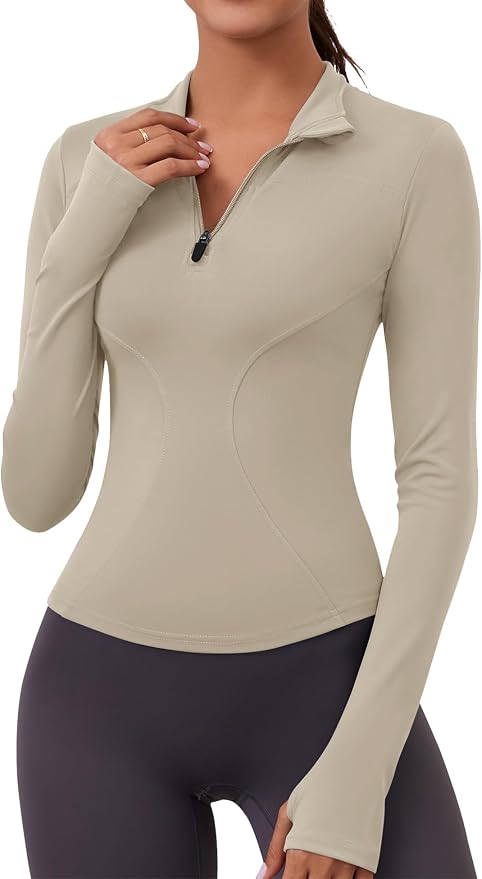LOMON Womens Long Sleeve Workout Tops Quick Dry Quarter Zip Pullover Crop Yoga Athletic Slim Fit Shirts