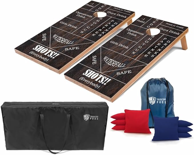 Tailgating Pros Regulation Cornhole Boards - 4'x2' Lightweight Wooden Retro and Classic Themed Cornhole Game w/Carrying Case & Set of 8 Corn Hole Bean Bags w/Tote