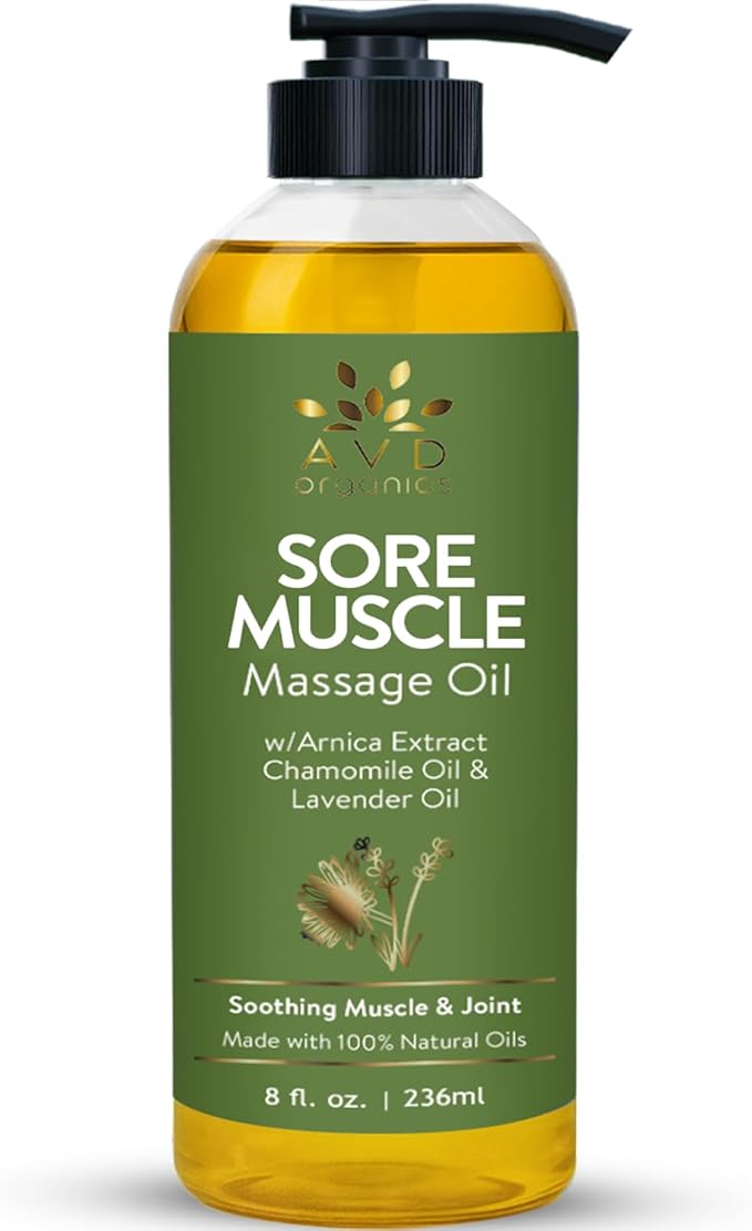 AVD Organics Sore Muscle Massage Oil 236 ml | Massage Therapy | Natural Oil with Lavender and Chamomile Essential Oils | Multipurpose Instant Absorption Full Body Massage Oil | 8 fl. oz