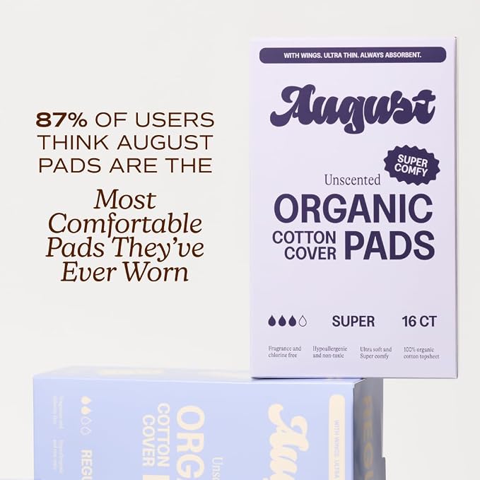 August Super Cotton Menstrual Pads, 36-Pack Ultra Thin Pads with Wings, Hypoallergenic Sanitary Napkins with Organic Cotton Topsheet, Compostable Wrappers, Toxin Free, Fragrance Free
