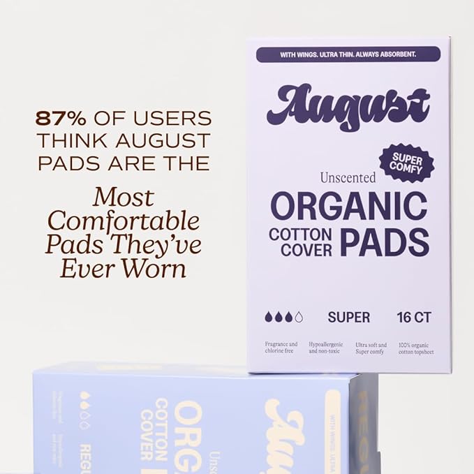 August Super Cotton Menstrual Pads, 72-Pack Ultra Thin Pads with Wings, Hypoallergenic Sanitary Napkins with Organic Cotton Topsheet, Compostable Wrappers, Toxin Free, Fragrance Free