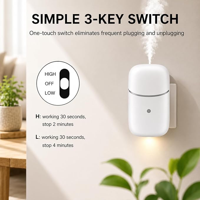 Waterless Diffuser, Essential Oil Diffuser with Low/High Modes, Plug in Diffuser with Night Light & Timer, Quiet Wall Aromatherapy Diffuser for Home, Living Room, Bedroom, Bathroom, White