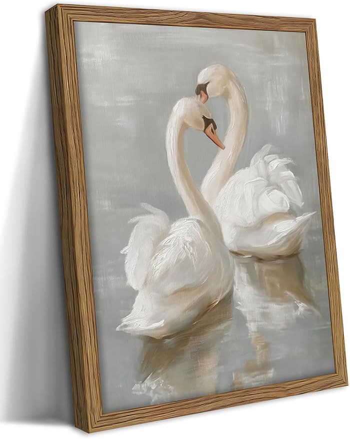 Framed White Swan Canvas Wall Art – Vintage Romantic Swan Oil Painting, Simple Rustic Animal Art Prints, Classical Artwork Wall Decor for Living Room Bedroom Office – 12x16in