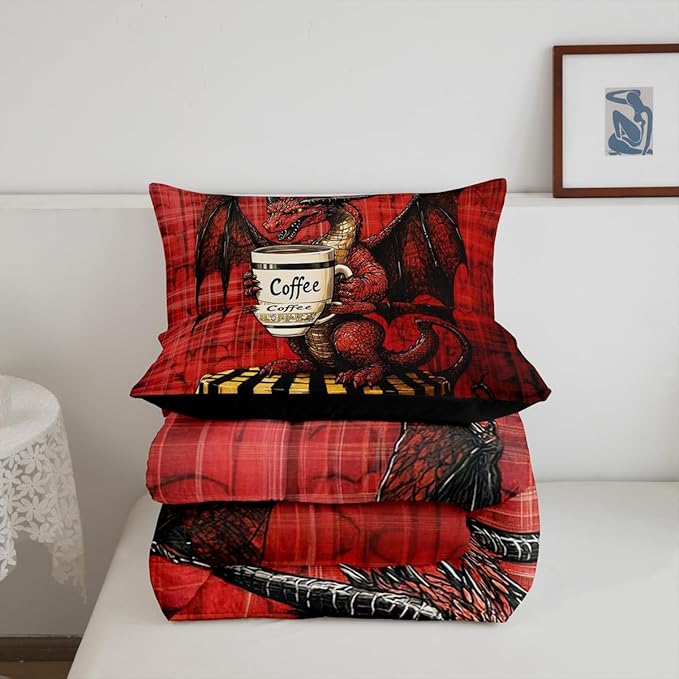 Feelyou Dragon Comforter Set Twin Size Dragon Stuff Comforter for Boys Girls Teens Wild Life Bedding Set Coffee Duvet Set Room Decor Red Quilt Set