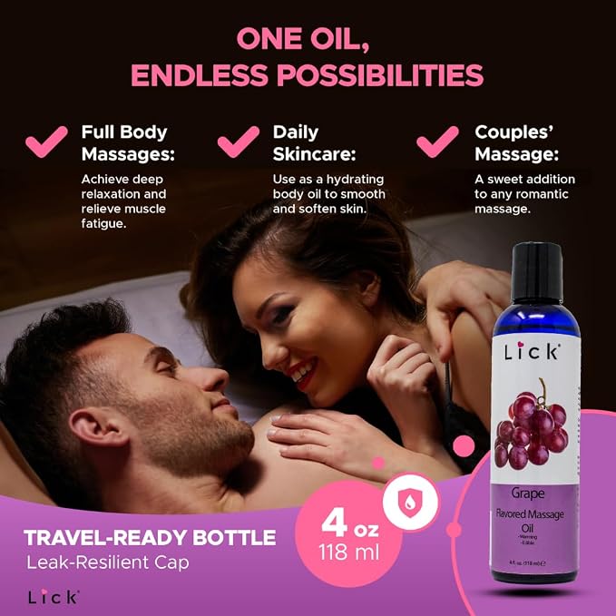 Lick Grape Flavored Massage Oil – Sweet Fruit Edible Massage Oil with Sweet Almond Oil & Vitamin E, Smooth Glide for Relaxing Couples Massage Sessions, 4 oz