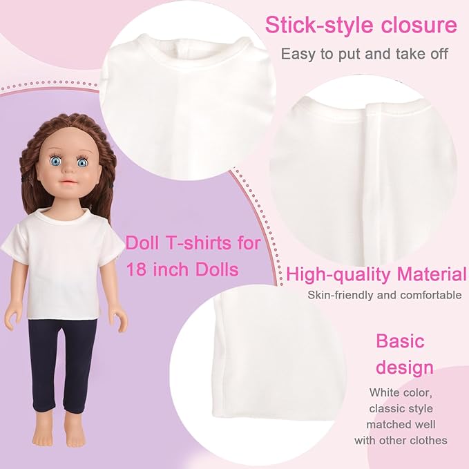 5-Piece Plain White T-Shirts for 17-18 Inch Dolls | DIY Customizable Doll Tees