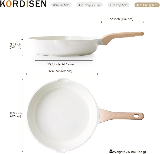 Kordisen Nonstick Ceramic Frying Pan, 12.5 Inch Ceramic Large Skillet, Healthy Non Toxic Cooking Pan, Stay-Cool Handle, Induction Compatible, PFOA & PFAS Free, White