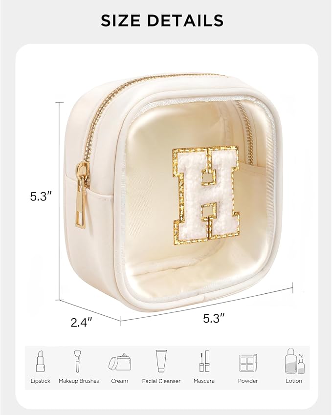 KOTORA Initial Make Up Bag Travel Toiletry Bag, Clear Makeup Bag Preppy Cosmetic Bag Travel Essentials Gifts for Women Teen Girlfriend Teacher Mom Brithday Daughter Gifts Swim Gifts For Girls Beige H
