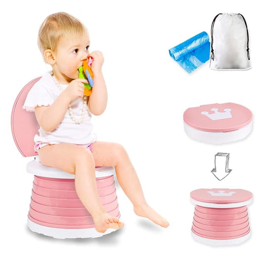 Portable Potty Seat, Toddler Folding Training Toilet Chair Kids Travel Foldable Potty Indoor Outdoor with Storage Travel Bag Pink