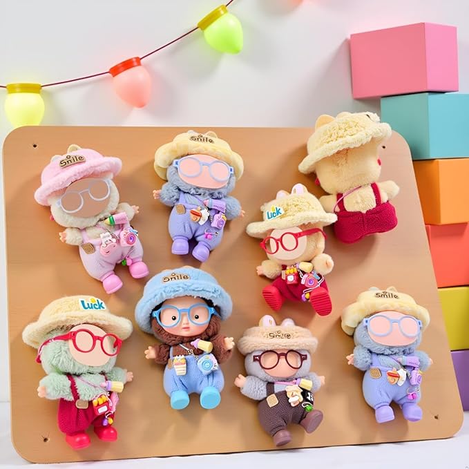 Doll Clothes Outfit and Accessories Suitable for 17cm Dolls, 5 Piece Set Romper Hat Camera Backpack Glasses Shoes (No Doll) Brown