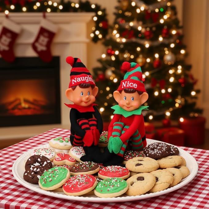 Toyland® Elves With Attitude Twin Pack Elf Soft Toys - 35cm (14") - Naughty & Nice Elves - The Ultimate Festve Duo - Knitted Hat & Legs - Vinyl Cheeky Face & Stick Together Hands - Festive Fun For All