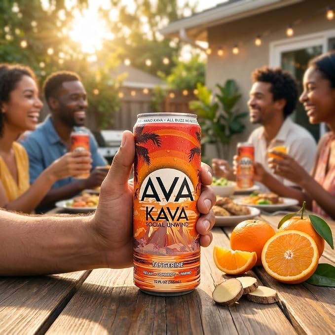AVA Kava | Alcohol-Free Relaxation Drink | Tangerine | Fast Acting Nano Kava • Zero Sugar Alcohols • Vegan • Plant Based • No Preservatives • Natural Flavors • Non GMO • Gluten Free | 12oz Cans (6-Pack)