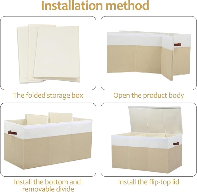 Extra Large Toy Storage Box with Lid,Toy Chest Bin Basket with Dividers | Sturdy Toy Organizer Bin for Kids, Boys, Girls, Nursery, Closet, Bedroom, Playroom 35.5"x17" x17" (Beige and White)