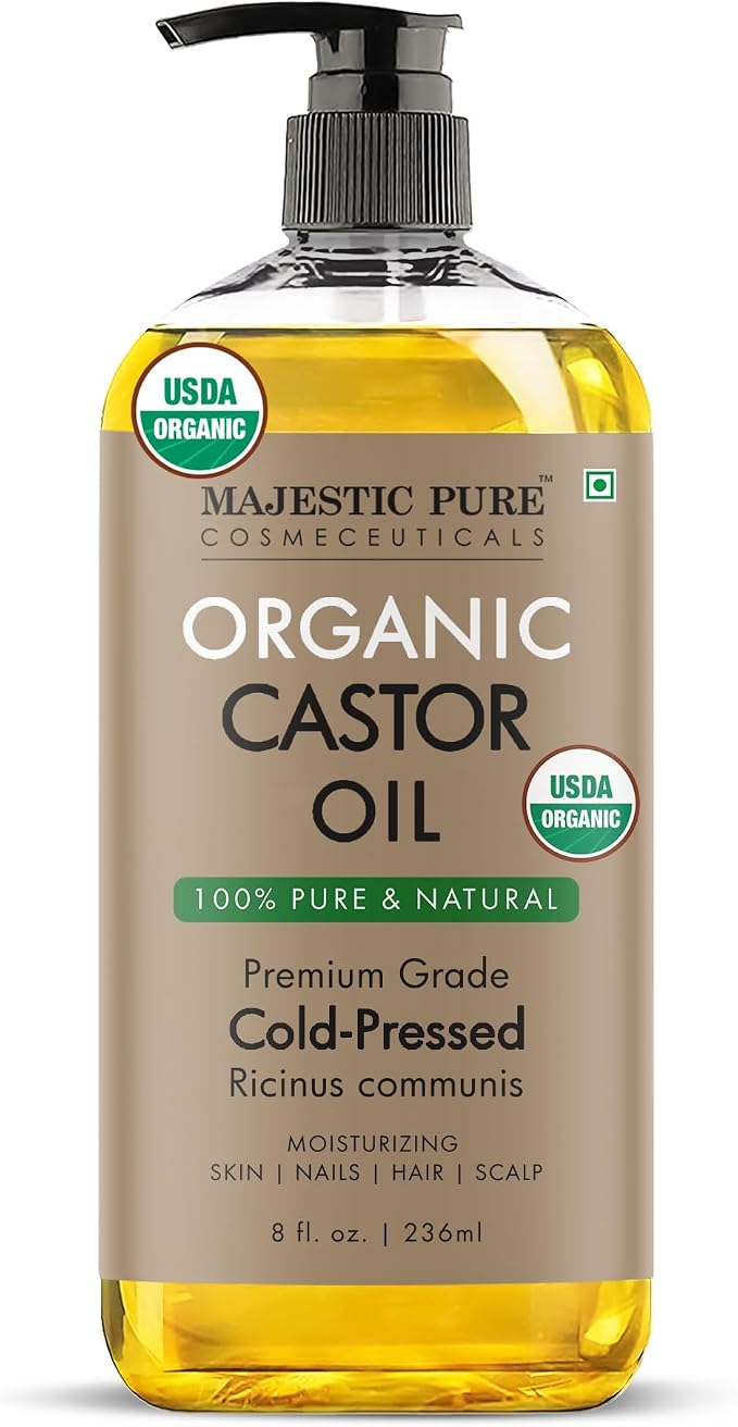 Majestic Pure Oil - 100% Pure and Natural- Cold Pressed & Hexane Free Natural Hair Growth Oil for Eyelashes, Eyebrows, Skin, Body, Face, Nails & Scalp - USDA Organic Castor Oil 8 Fl Oz
