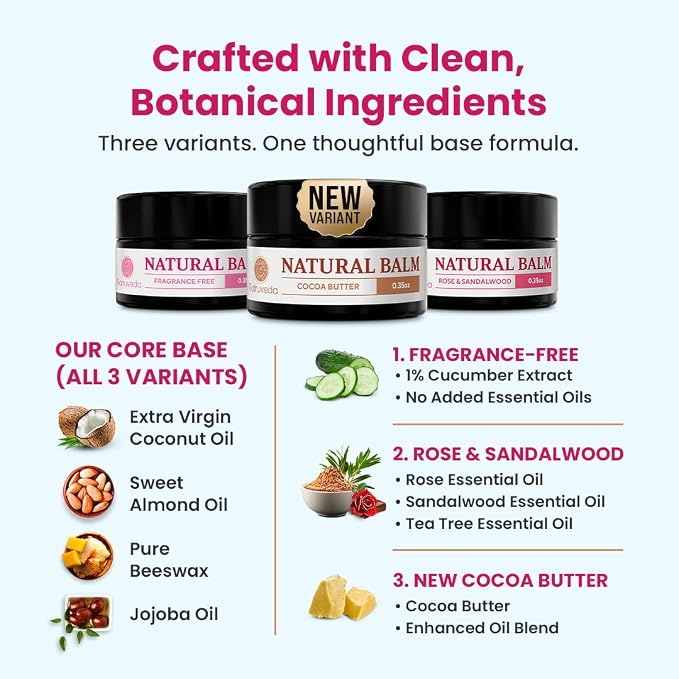 Natruveda Vulva Balm Discovery Pack – Fragrance-Free,Cocoa & Rose Sandalwood | Feminine Moisturizer for Dryness, Itching, Chafing & Odor | Natural Intimate Skincare – 0.35 oz Jars (3-Pack)