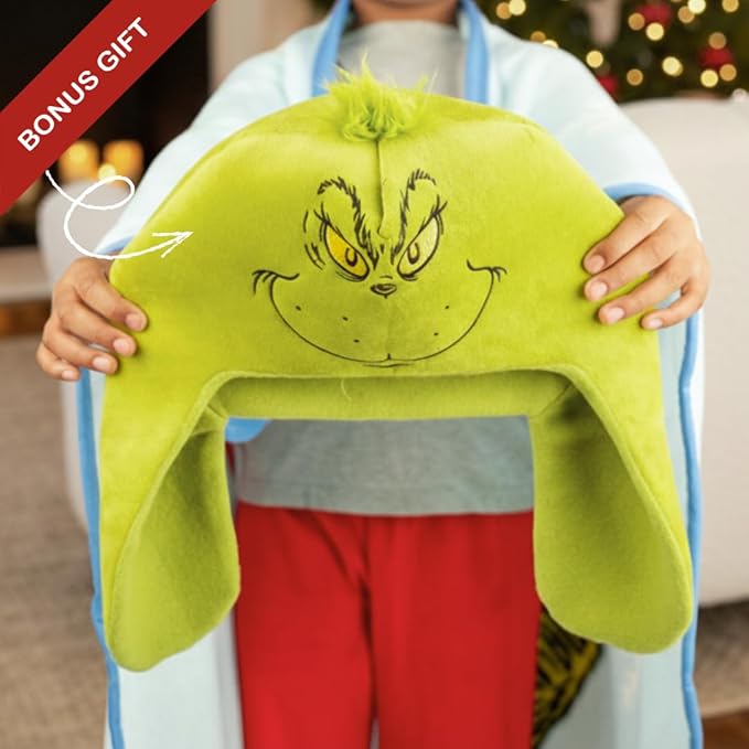 Dr. Seuss The Grinch Holiday Christmas Bedding Super Plush Cozy Throw, 40 in x 50 in, Bonus Grinch Hat Included (Officially Licensed Product) by Franco