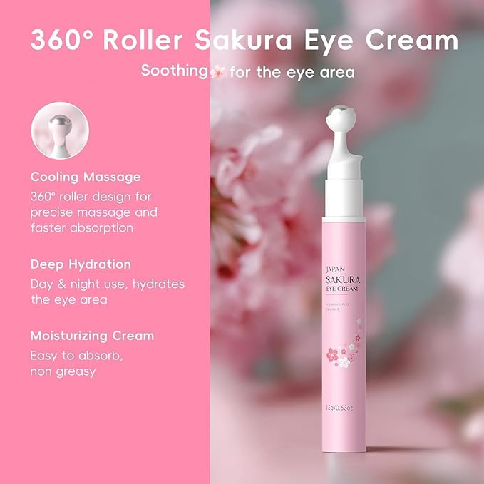 Sakura Eye Cream with 360° Cooling Massage Roller, Deep Hydration Serum with Caffeine+Vitamin C, Under Eye Cream Reduce Wrinkles, Fine Lines, and Bags, Dark Circles Under Eye Treatment, 0.53oz