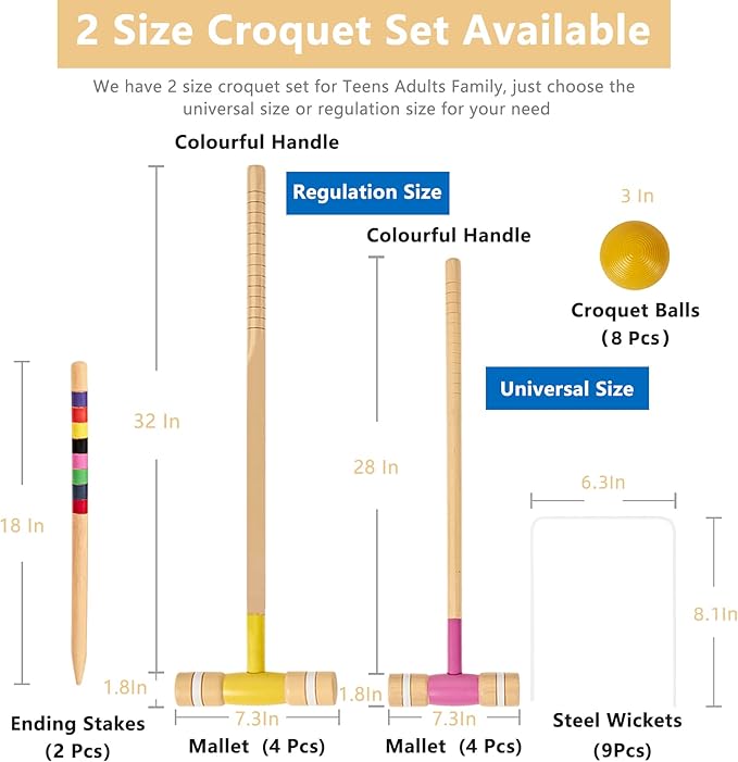 SpeedArmis 8 Players Croquet Set with 32In Regulation | 28In Standard Size Rubber Wood Mallets, Colored PE Ball, Wickets, 21In End Stakes - Lawn Backyard Game Kit for Teens/Adults/Family