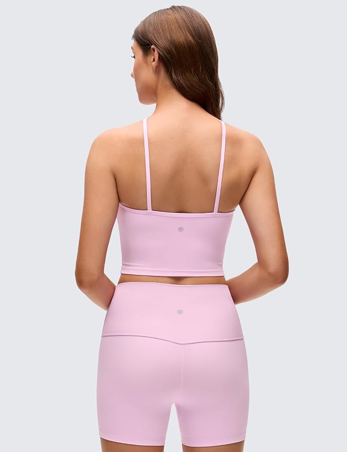 CRZ YOGA Butterluxe Cross Neck Crop Tank Tops for Women - Spaghetti Straps Square Back Padded Yoga Sports Bras