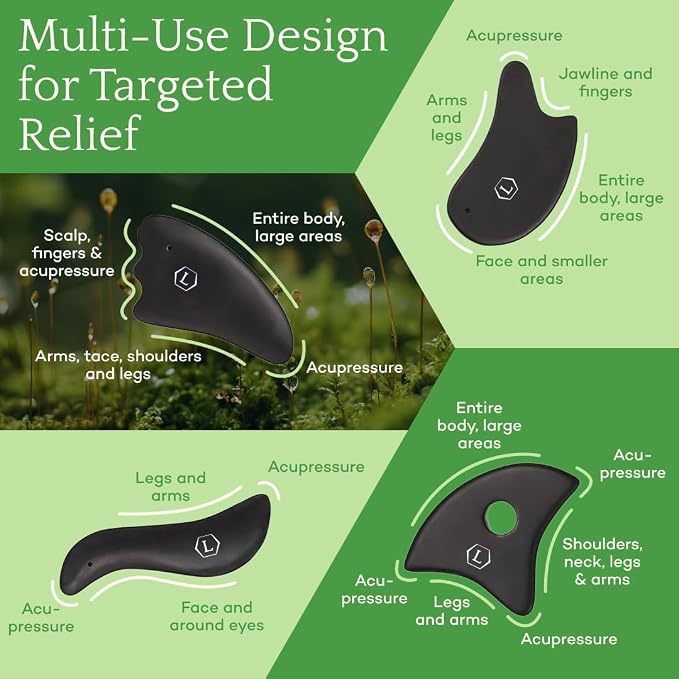 LUONKOS Gua Sha Facial Tools - Set of 4 Black - Large Bian Stone Guasha Tool for Face Sculpting - Lymphatic Drainage Massager with Polished Edges Glide Effortlessly for Daily Skincare Routine