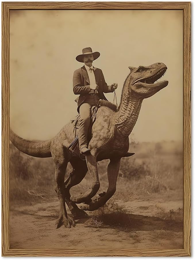 Vintage Dinosaur Cowboy Wall Art Funny Western Jurassic Park Wall Decor Painting, Retro Cowboy Riding Dinosaur Poster Canvas Print Picture for Living Room Bedroom 12x16 inch Wood Framed