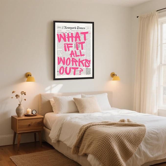 What If It All Works Out Poster Retro Newspaper Pink Wall Art Positive Affirmation Quote Minimalist Canvas Painting Prints Wall Decor Aesthetic for Home Bedroom Office 8x12inch Black Aluminum Frame