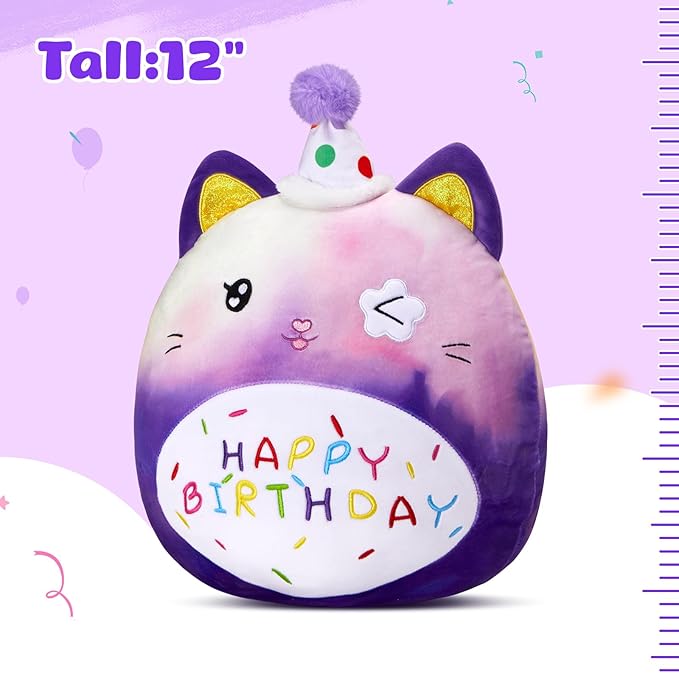 Athoinsu 12" Happy Birthday Cat Plush Pillow Cute Rainbow Stuffed Animal Soft Kawaii Birthday Plushie Star Wink Funny Pillows Home Room Decoration Gifts for Toddlers Kids Girls