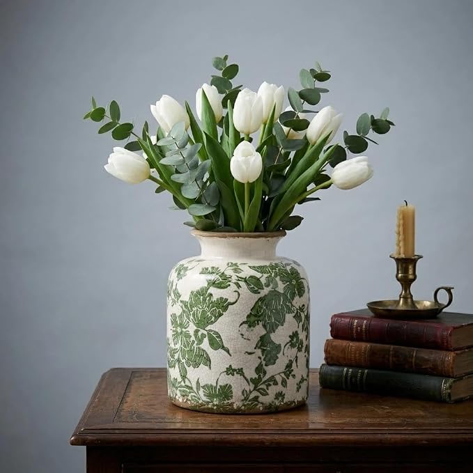 Vintage Green Ceramic Vase for Flower, Decorative Vases for Home Decor | 6.2in Rustic Tuscan Style Scroll Floral Holder, White Vase for Living Room, Mantel, Kitchen, Centerpieces, Tables