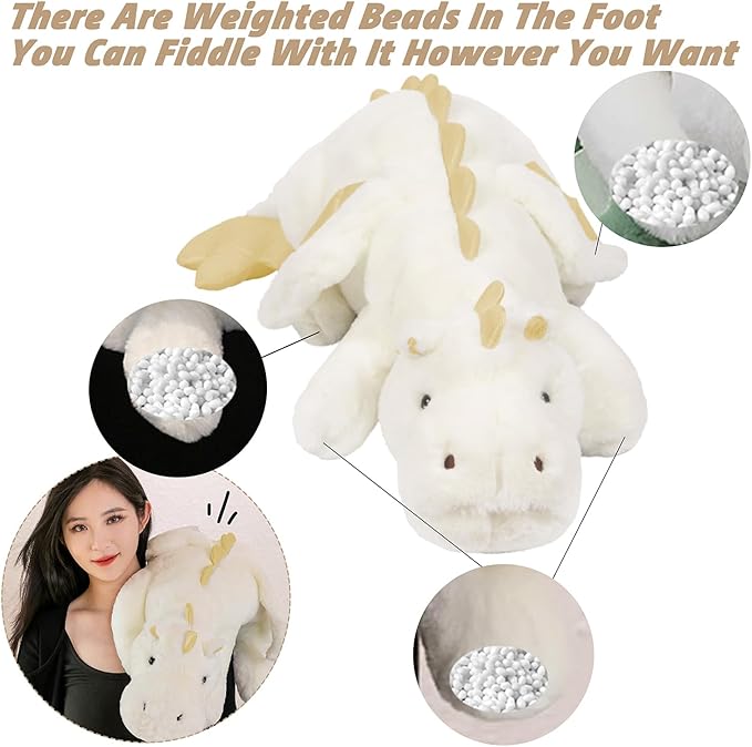 ARELUX Large 37in Cute Dragon Stuffed Animals Plush Toy Soft White Pterosaur Plushie Giant Fuzzy Dinosaur Pillow Plushies with Gold Wings Cuddly for Friends Family Member