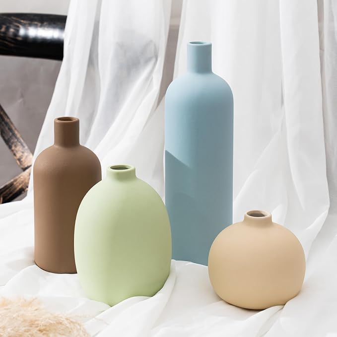 Ceramic Vase Set of 4, Modern Minimalist Colors Home Decor, Rustic Decorative Flowers Vases for Bouquet, Pampas | Table Mantel Centerpiece Bookshelf Living Room Bedroom (Minimalist Mix Set of 4)