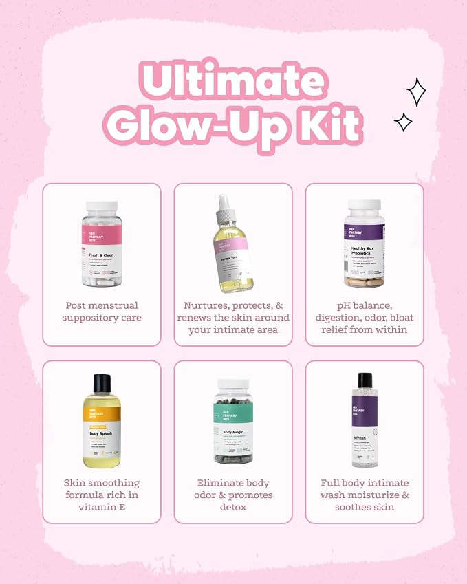 Her Fantasy Box | Ultimate Glow-Up Kit | Probiotics, Chlorophyll Capsules, Suppositories, Body Oil, Yoni Oil & pH Shower Gel – Detox, Hydration & Feminine Wellness Bundle