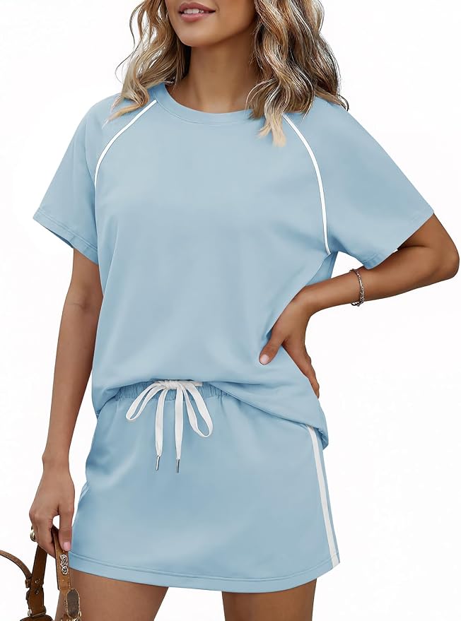Womens 2 Piece Skirt Sets Summer Tennis Outfits Vacation Skort Set | Two Piece Sets, Short Set, Athletic Workout Golf Outfits, Crew Neck, Color Block, Drawstring, Workout Mathcing Lounge Sets