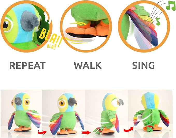La Granja De Zenon - 20CM Interactive Parrot Pepe - Musical Plush - Repeat, Walk and Play Songs - El Reino Infantil