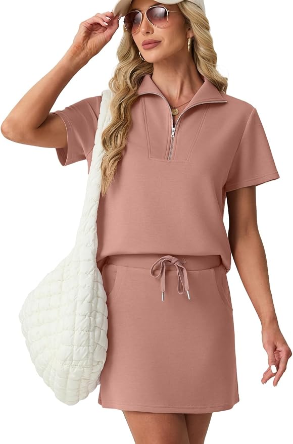 GRECERELLE Women's Summer 2 Piece Skort Set Half Zip Short Sleeve Top & Pocketed Tennis Skirt For Sports & Vacations.